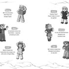 Der Text beschreibt fünf Charaktere mit besonderen Fähigkeiten, begleitet von einfachen Illustrationen der Figuren.