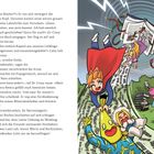 Texte: Dialoge und Erzählung über Bücher und Kreativität. Rechts eine bunte Illustration mit fliegenden Charakteren und Büchern.