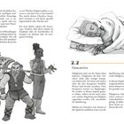 Links: Text über Charakterentwicklung und Hilfestellungen. Rechts: Text über "Fähigkeiten" mit Illustrationen von Charakteren darunter.
