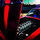 Der Motorraum eines roten Autos bei geöffnetem Motor, mit glänzenden Chromteilen, umgeben von Sonnenlicht.