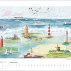 Kalenderblatt: "SEPTEMBER 2027 | Nordlichter". Illustration von Leuchttürmen, Meer, Schiffen und Möwen über einer Seekarte.