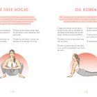Beschreibungen zu "DIE TIEFE HOCKE" und "DIE KOBRA" mit Illustrationen von Yoga-Übungen. Anweisungen in Schritten.