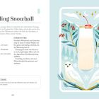 "Sparkling Snowball" Rezept für ein Glas. Zutaten: Eierlikör, Weinbrand, Limettensirup, Champagner. Illustration: Eulen, Zweige, Schnee.