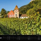 Liechtenstein 09. Rotes Haus oberhalb eines Weingartens in Vaduz. Ein sonniger Weinberg mit einem markanten Turmhaus.