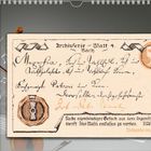Kalenderblatt mit Notizen über Johann Sebastian Bach, September mit Musiknoten und Violine. Elegante handgeschriebene Schrift.