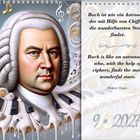 Ein Kalenderblatt mit einem Zitat von Frederic Chopin über Bach, Kalenderdaten für September 2027, eine detailreiche Illustration von Bach.