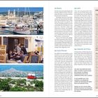 01 Bastia, 02 Saint-Florent, 03 Calvi, 04 Calanche de Piana. Drei Fotos: Hafen, Restaurantbesuch, rotes Fahrzeug in Landschaft.