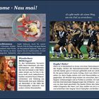 “Welcome · Nau mai!”, “Genüsslich schlemmen”, “Wunderbare Mitbringsel”, “Rugby! Haka!”, "Es gibt mehr als einen Weg, um ein Ziel zu erreichen." Links ein Teller mit Meeresfrüchten, rechts Rugbyspieler beim Haka.