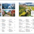 Texte: 

Seitenzahlen: 226, 132, 33, 298. 

Überschriften: 

- INHALT
- DÄNEMARK
  - Route 1 bis 5
- NORWEGEN
  - Route 6 bis 9
- SCHWEDEN
  - Route 13 bis 18

Textfeld: "Den Soundtrack zum Buch gibt es bei Spotify unter Mit dem Wohnmobil durch Skandinavien. Einfach über die Spotify-App scannen und genießen ..."

Bilder zeigen Landschaften und Architektur.