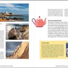 Texte beschreiben Steephill Cove, Freshwater Bay, Alum Bay, Blackgang Chine, Dimbola Lodge und Victoria’s Island Trail. Links Fotos von Küstenlandschaften, rechts Illustrationen mit Teekannen und Informationen zu Cowes Week.