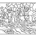 Zahlen in Feldern. Zwei Kinder auf Pferden, sie reiten über eine Brücke in einer Landschaft mit Bäumen und Blumen.