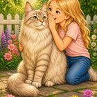 Ein Mädchen flüstert einer großen Katze etwas ins Ohr. Sie sitzen in einem Garten mit bunten Blumen und einem Holzzaun.