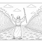 Ein Mann mit Stab teilt das Meer; hohe Wellen links und rechts, Wolken am Himmel. Eine biblische Szene als Illustration.