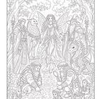 Illustration: Eine Fee in der Mitte, umgeben von Zauberern, Zwergen und Fabelwesen in einem Wald.