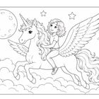 Illustration eines Mädchens auf einem geflügelten Einhorn in Wolken, umgeben von Sternen und einem großen Mond.