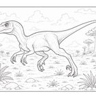 Ein Dinosaurier mit langer Schnauze und Schwanz läuft durch eine prähistorische Landschaft mit Bäumen und Wolken am Himmel.