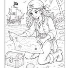 Ein Mädchen mit Piratenkopftuch und Totenkopfmotiv betrachtet eine Karte. Im Hintergrund Segelschiff und Palmen. Schatztruhe im Sand.