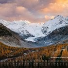 Piz Bernina - 4.049 m (Schweiz), Kalenderansicht Oktober, schneebedeckte Berge, herbstliche Bäume, dramatischer Himmel.