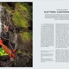 Titel: Klettern, Canyoning & Mehr. Michael Jordan führt Gruppen durch Madeira. Links: Mann in Neopren vor Wasserfall.
