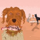 Ein großer Hund mit der Plakette "King" hält einen Knochen; drei weitere Hunde sitzen im Hintergrund.