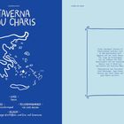 Weiße Schrift auf blau: "TAVERNA TOU CHARIS". Karte von Griechenland. Text über eine charmante Taverne in Eggares, Naxos.
