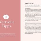 Links: "Wertvolle Tipps" mit japanischem Text. Rechts: "REISEPLANUNG" und Tipps zur besten Reisezeit und Flügen in Japan.