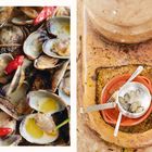 Linke Seite: Offene Muscheln, einige mit Olivenöl beträufelt und roten Chilischoten. Rechte Seite: Tontopf mit Muscheln.