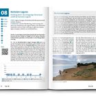 Tour 08: Korission-Lagune, 21,1 km, 4:00 h, Start in Agios Georgios. Text beschreibt die Dünenlandschaft und Vogelbeobachtungen. Foto zeigt Küste.