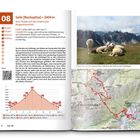 Tour 08: Saile (Nockspitze) • 2404 m, 14,5 km, 7:00 h, Start: Telfes. Bild: Schafe vor Bergen. Karte mit rot markierter Route.