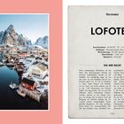 Links eine Winterlandschaft mit roten Häusern und Bergen. Rechts der Text: "LOFOTEN, Koordinaten, Gewässer: Europäisches Nordmeer, Bevölkerung: 24.500, Oberfläche: 1.227 km², Hauptstadt: Svolvær."