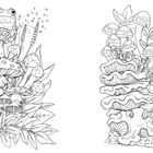 Links sitzt ein Frosch auf einem Pilz inmitten von Pflanzen. Rechts mehrere Pilze und Blätter. Eine detaillierte Illustration.