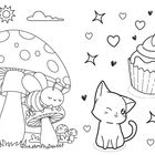 Links: Biene schläft auf großem Pilz mit Sonnenschein. Rechts: Katze auf Cupcake, umgeben von Herzen und Sternen.