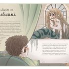Text: "Die Legende von Melusine. Einer französischen Legende zufolge...". Illustration: Eine Frau mit Schlangenschwanz sitzt in einer Badewanne. Ein Mann schaut zu.
