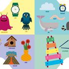 U: Ungeheuer, Uhr, Uhu. W: Wolke, Wecker, Wal, Wurm, Waschbär. V: Vogel, Vogelhaus, Vase, Vulkan. X: Xylophon. Illustration in vier Quadranten.