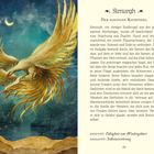 Simurgh. Der magische Raubvogel. Positiv: Fähigkeit zur Wiedergeburt. Negativ: Selbstzerstörung. Nummer 25. Illustration eines majestätischen, goldenen Vogels mit ausgebreiteten Flügeln vor mondbeschienener Landschaft.
