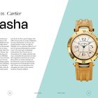 Text: "06. Cartier Pasha. DETAILS: Pasha, 1986. Gehäuse aus Gelbgold, Durchmesser 38 mm, Mechanisches Uhrwerk..."

Eine stilvolle Uhr von Cartier mit rundem, goldenen Gehäuse und Lederarmband. Elegante arabische Ziffern.