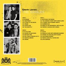 Albumcover "THE SINGLES" von blank&jones auf gelbem Hintergrund, Auflistung von Liedern auf vier Seiten. Fotos links.