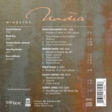 Texte im Bild: "Nadia", WindSync Mitglieder aufgelistet, Werke von Nadia Boulanger, Marion Bauer, Philip Glass. Cover mit künstlerischem Hintergrund.