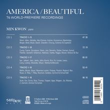 "AMERICA/BEAUTIFUL", 76 Weltpremieren, Min Kwon, Klavier. CD 1-5 mit Künstlernamen und Spielzeiten. Dezente Logo-Designs.