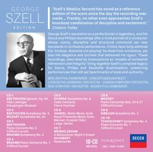George Szell Edition. Zitat zu Sibelius. Orchester: Berliner Philharmoniker, Concertgebouw, London Philharmonic. CD-Inhalte: Beethoven, Dvořák, Mozart. Porträt eines älteren Mannes im Anzug. Decca-Logo.