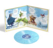 Illustration: Texte zu Musikern und Instrumenten auf blau-weißem Hintergrund; blaue Schallplatte mit Etikett.