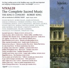 „VIVALDI: The Complete Sacred Music“, The King’s Consort, Robert King. Liste von Musiker:innen und Musikstücken. Rechts eine Gebäude-Illustration.