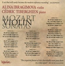 "ALINA IBRAGIMOVA violin, CÉDRIC TIBERGHIEN piano, MOZART VIOLIN SONATAS." Liste der Kompositionen nach Compact Disc.