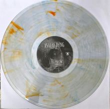 Text: "AS I LAY DYING". Eine farbige Schallplatte mit grauen, blauen und orangenen Mustern.