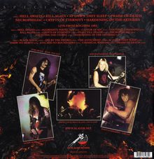 Texte: "Hell Awaits", "Kill Again", "At Dawn They Sleep", "Live from Bochum 1985". Fotos von Bandmitgliedern, Konzertauftritt.