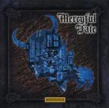 Text: "Mercyful Fate." Eine Illustration eines blauen Schädels mit Hörnern und detaillierten Szenen im Inneren.