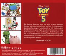 Logo und Text "Disney Pixar Toy Story 5". Beschreibung des Abenteuers von Buzz und Woody. Bilder der Charaktere. Hörspiellänge: ca. 63 Min.