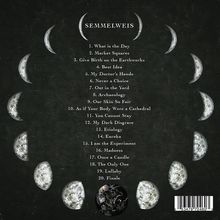 Text: "Semmelweis". Eine Liste aus 20 Titeln, umgeben von Mondphasen auf dunklem Hintergrund.