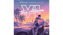 „GRAND THEFT AUTO“, „VI The Album“ vor Palmen, Sonnenuntergang, Stadt, Paar lehnt an Auto, pastellfarbene Illustration.