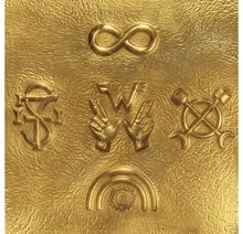 Goldene Symbole: Unendlichkeit, verschränkte Hände mit "W", ein Regenbogen, ein Zahnrad, angedeutete Initialen.